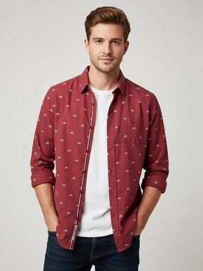 Aeropostale Men's Logo Print Roll Tab Sleeve Button Up Shirt Red‎ Size Large